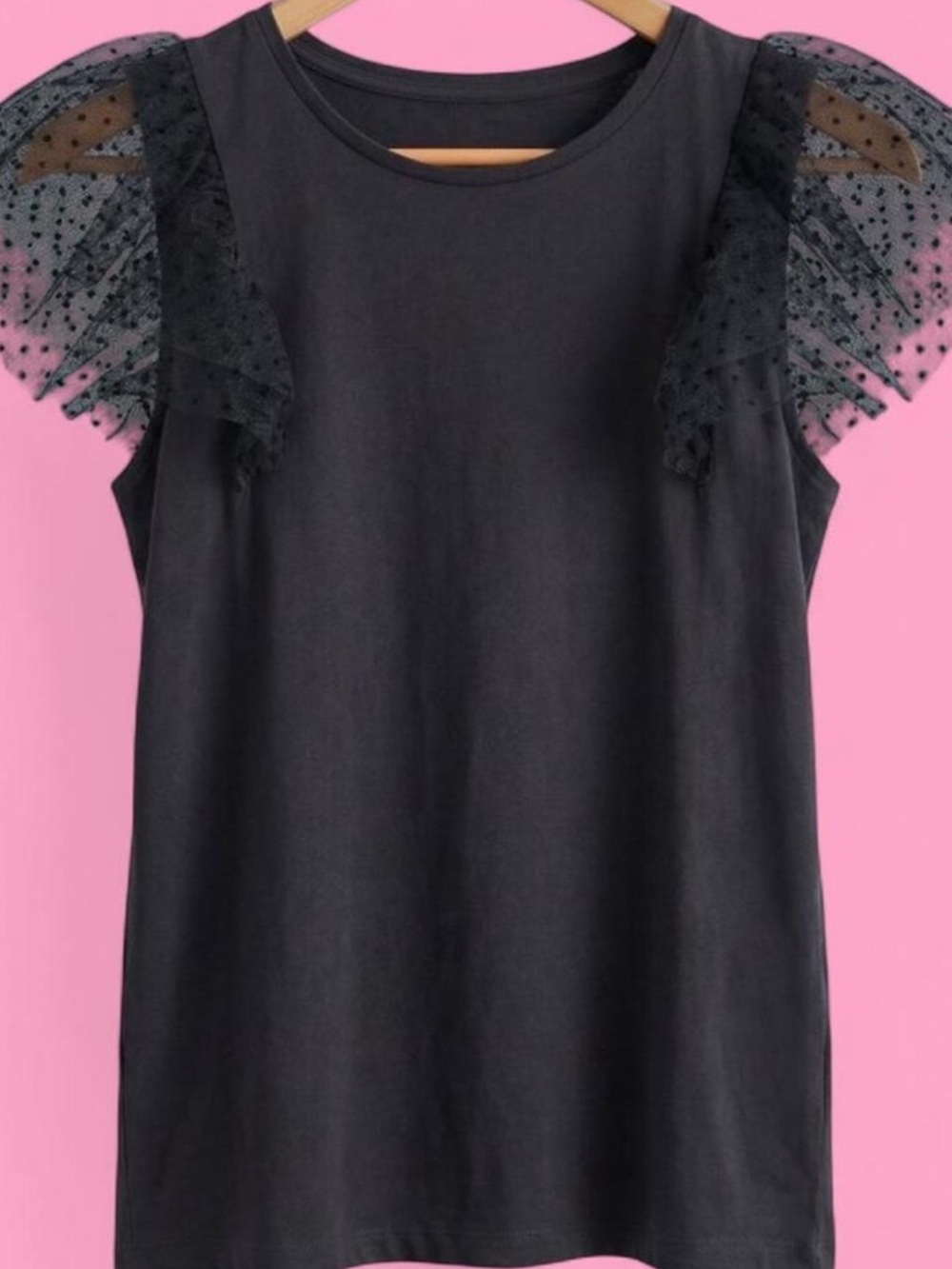 J. Crew Black Knit Top with Dotted Tulle Flutter Sleeves